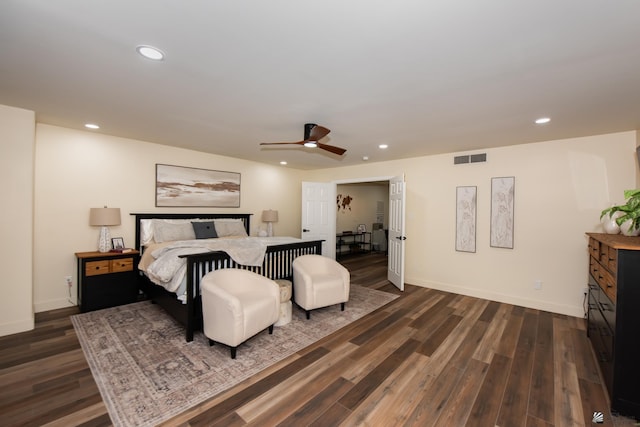 2172 S Terrace Way, Yuma, AZ 85364 - bedroom with dark wood-style floors, recessed lighting, baseboards, and a ceiling fan