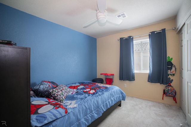 7850 E 44th Pl, Yuma, AZ 85365 - carpeted bedroom featuring a ceiling fan and visible vents