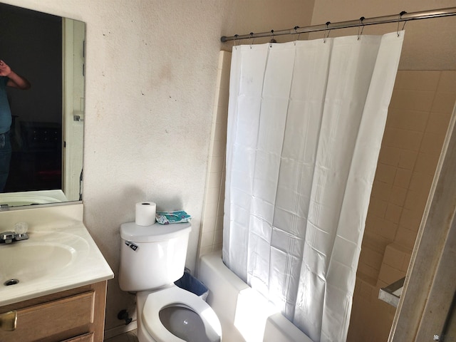 full bathroom featuring toilet, a textured wall, vanity, and shower / bathtub combination with curtain