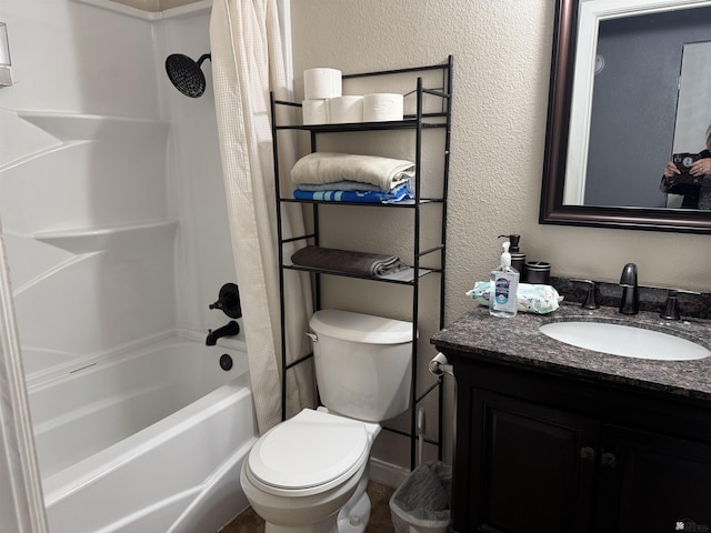1763 W 24th Dr, Yuma, AZ 85364 - bathroom featuring a textured wall, shower / bath combination with curtain, vanity, and toilet