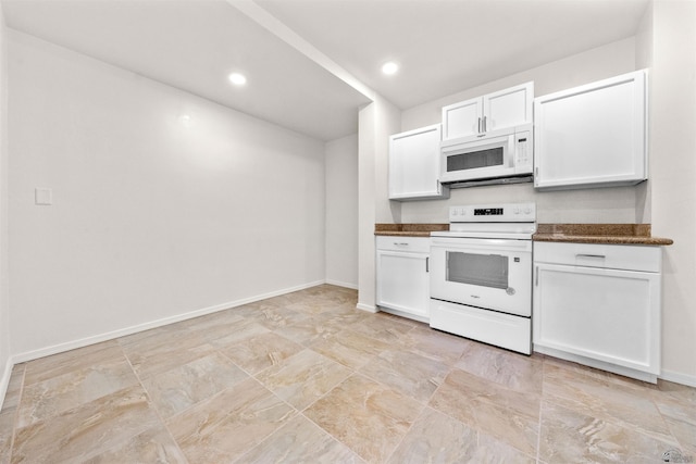 321 S 23rd Ave, Yuma, AZ 85364 - kitchen with dark countertops, white cabinetry, baseboards, recessed lighting, and white appliances