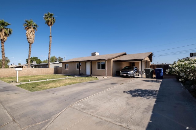ranch-style house featuring a carport, concrete driveway, and stucco siding