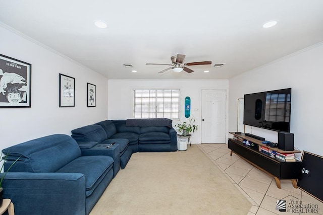 4539 W 17th St, Yuma, AZ 85364 - living room featuring a ceiling fan, ornamental molding, recessed lighting, and light tile patterned floors