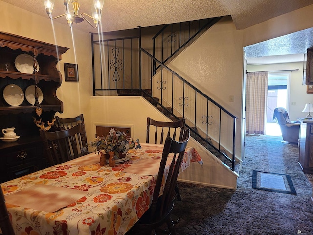 2045 S 14th Ave # 79, Yuma, AZ 85364 - dining space with stairway, a textured ceiling, a chandelier, and carpet floors