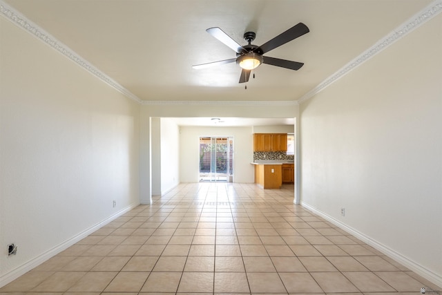 1986 S 47th Ave, Yuma, AZ 85364 - unfurnished living room featuring ceiling fan, ornamental molding, baseboards, and light tile patterned floors