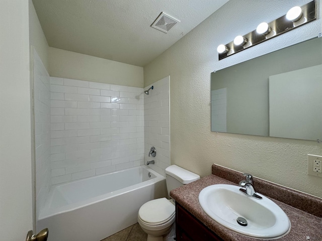 bathroom with shower / bathtub combination, toilet, a textured wall, and visible vents