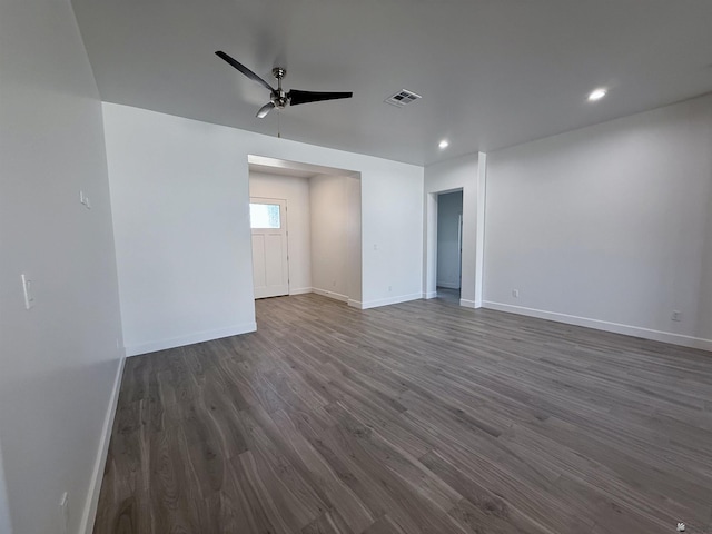 12360 E Calle Ln, Primera, Yuma, AZ 85367 - unfurnished room featuring a ceiling fan, baseboards, recessed lighting, dark wood-type flooring, and visible vents