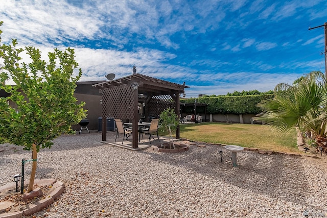 view of yard with central air condition unit, a pergola, and a patio