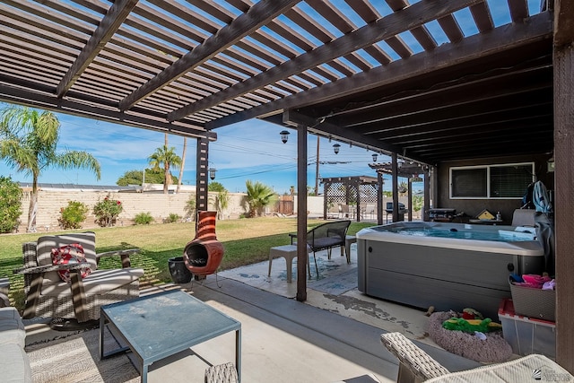 view of patio / terrace with a hot tub, a pergola, outdoor lounge area, and a fenced backyard