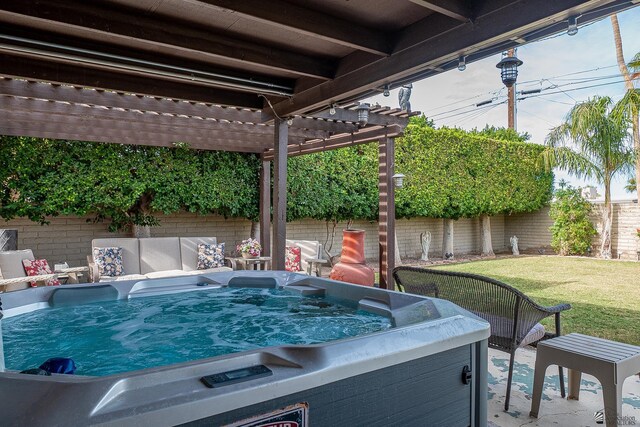 1302 W 17th St, Yuma, AZ 85364 - view of patio / terrace with a fenced backyard, a pergola, and a hot tub