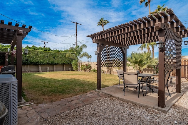 view of patio with a fenced backyard, central AC, and a pergola