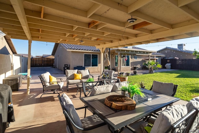 view of patio / terrace featuring outdoor lounge area, outdoor dining space, and an outdoor structure