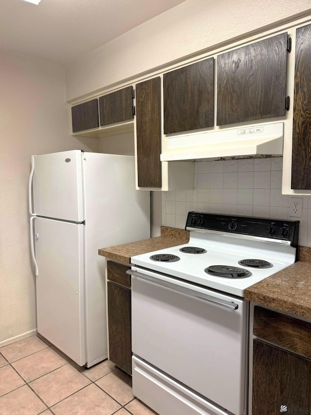 1234 W 20th Pl, Yuma, AZ 85364 - kitchen featuring white appliances, under cabinet range hood, tasteful backsplash, and dark brown cabinets
