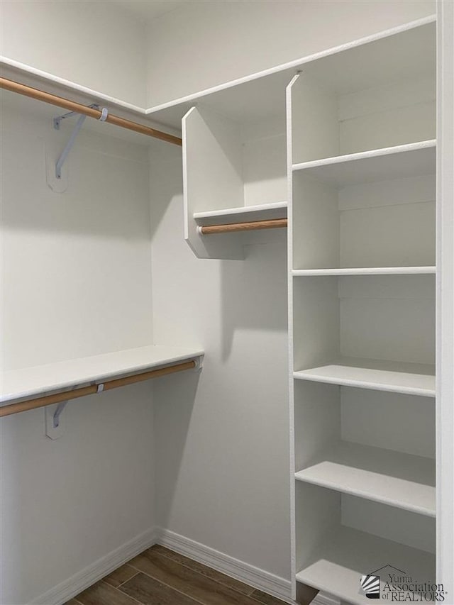 walk in closet featuring dark wood-style floors