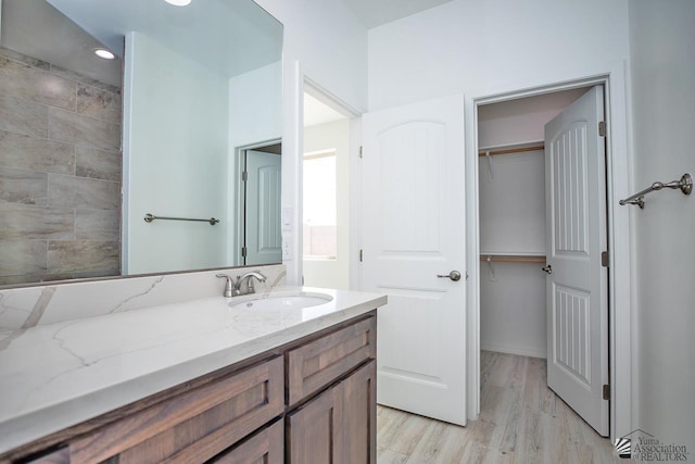 bathroom featuring vanity, wood finished floors, and a spacious closet