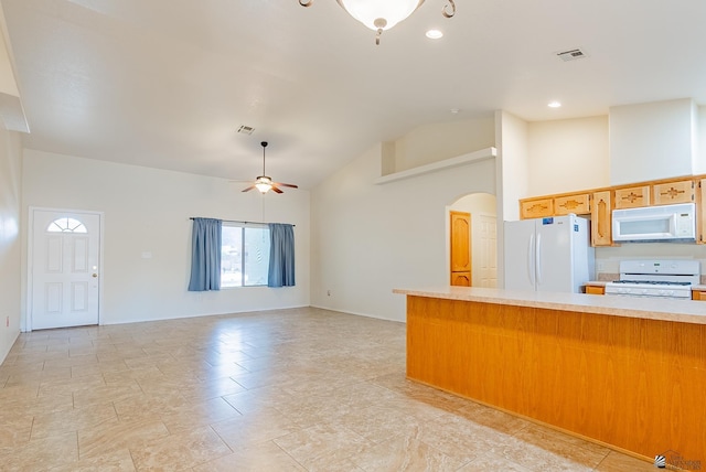 13736 S Chase Way, Yuma, AZ 85367 - kitchen featuring white appliances, light countertops, a ceiling fan, and visible vents