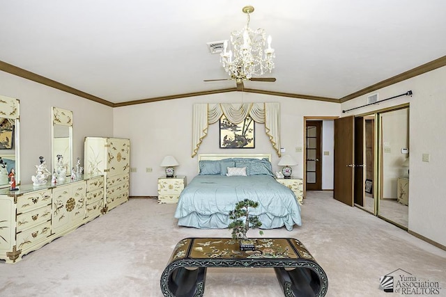 1376 S Hettema St, Yuma, AZ 85364 - carpeted bedroom featuring a chandelier, crown molding, vaulted ceiling, and baseboards