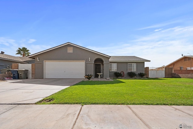 single story home with a garage and a front yard