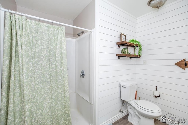 1830 W Allen St, Yuma, AZ 85364 - bathroom featuring curtained shower, wood finished floors, and wood walls