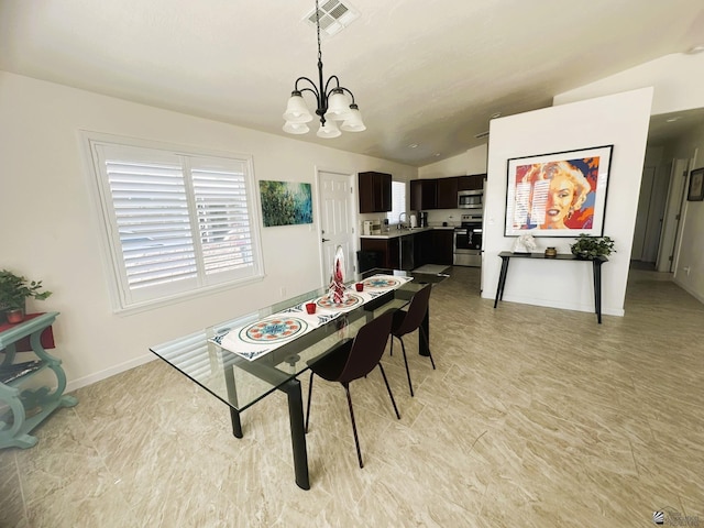 13624 E 47th St, Yuma, AZ 85367 - dining space featuring a healthy amount of sunlight, vaulted ceiling, a chandelier, and visible vents