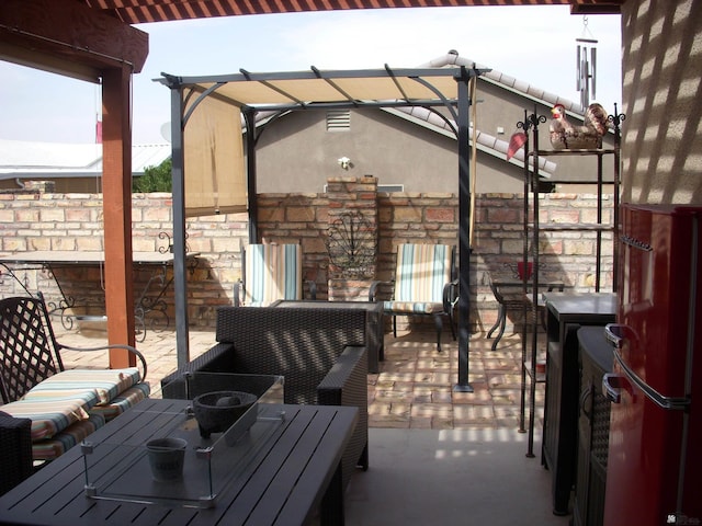 12650 E 46th St, Yuma, AZ 85367 - view of patio featuring outdoor dining space, fence, a pergola, and a fireplace