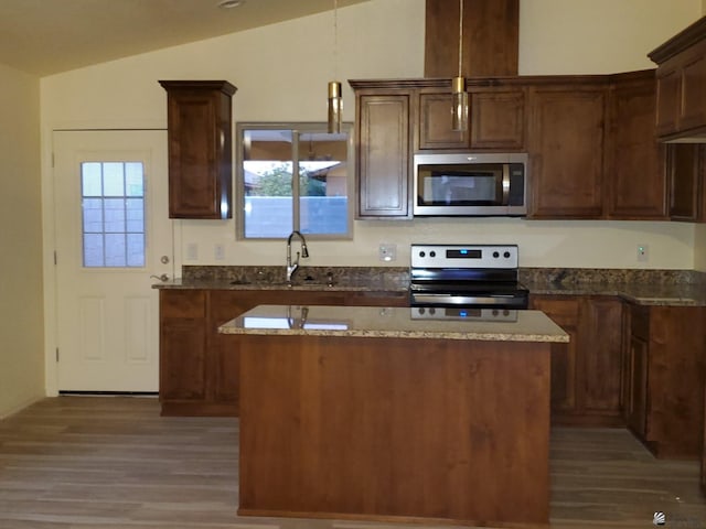 kitchen featuring vaulted ceiling, a center island, stainless steel appliances, and wood finished floors