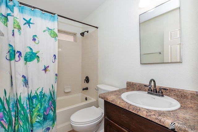 full bath featuring vanity, toilet, and shower / bath combination with curtain