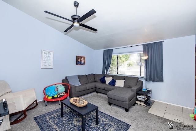 543 E 25th St, Yuma, AZ 85365 - living room with carpet floors, lofted ceiling, and a ceiling fan