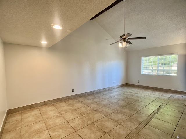 1700 S Crowder Ave, Yuma, AZ 85364 - empty room with a textured ceiling, a ceiling fan, light tile patterned floors, and lofted ceiling