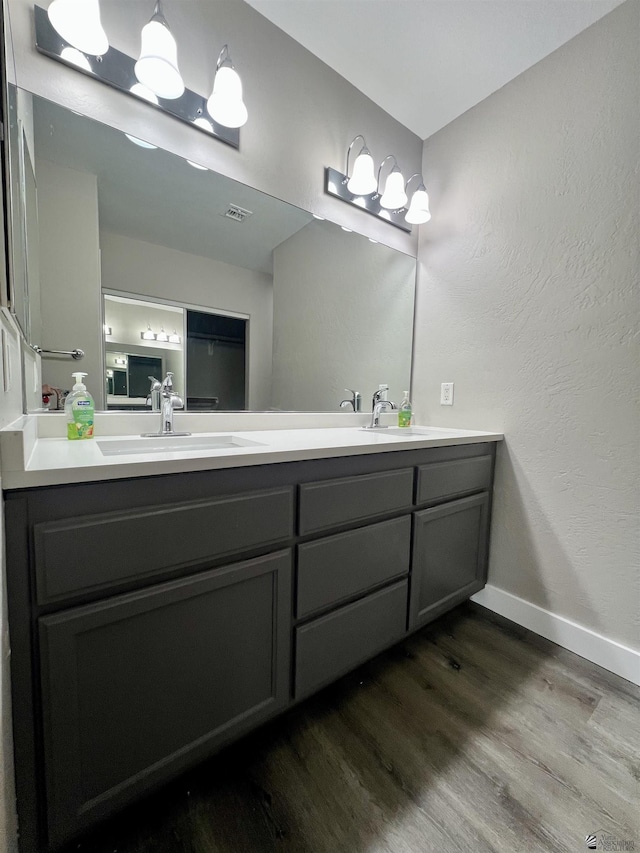 bathroom with vanity and hardwood / wood-style flooring