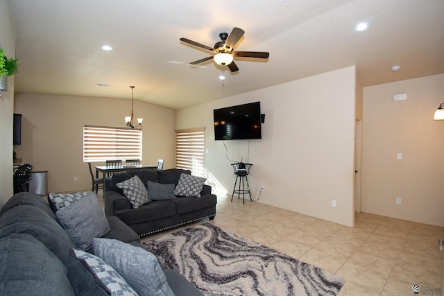 11681 E 33rd St, Yuma, AZ 85367 - living area with ceiling fan, recessed lighting, a chandelier, and lofted ceiling
