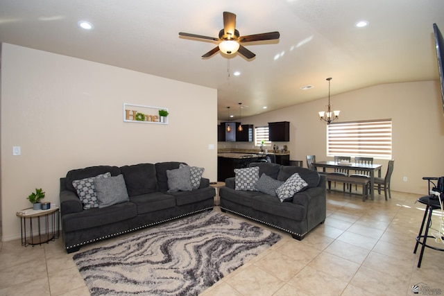 11681 E 33rd St, Yuma, AZ 85367 - living room with ceiling fan, light tile patterned flooring, a chandelier, vaulted ceiling, and recessed lighting