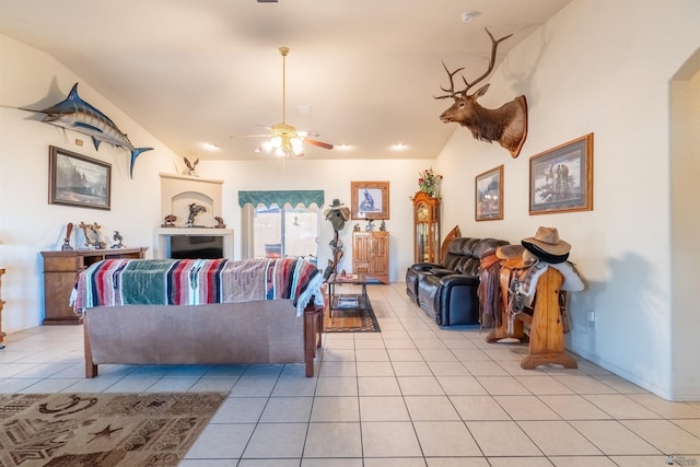 14530 E 55th St, Yuma, AZ 85367 - living room featuring lofted ceiling, light tile patterned flooring, and a ceiling fan