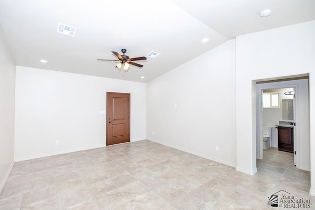 12546 E 51st Pl, Yuma, AZ 85367 - empty room with recessed lighting, ceiling fan, visible vents, and vaulted ceiling