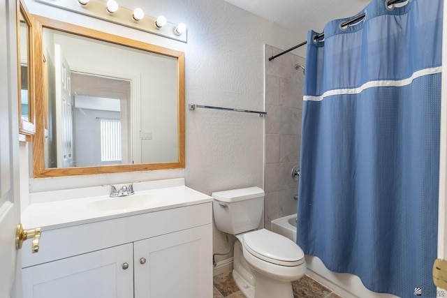 3481 W 27th Ln, Yuma, AZ 85364 - bathroom with vanity, toilet, shower / tub combo with curtain, and a textured wall