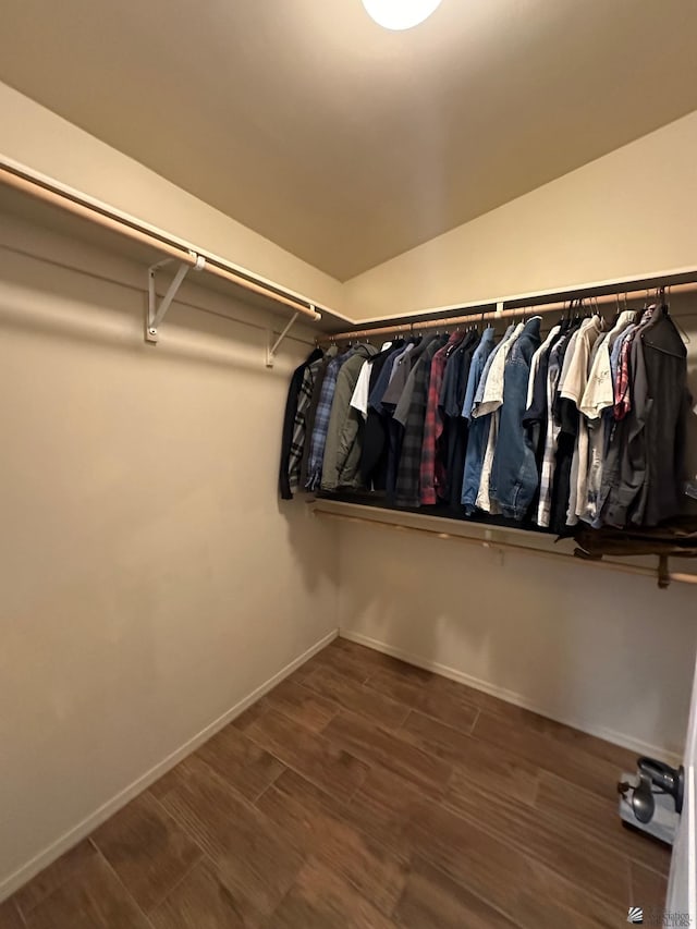 spacious closet featuring dark hardwood / wood-style floors and lofted ceiling