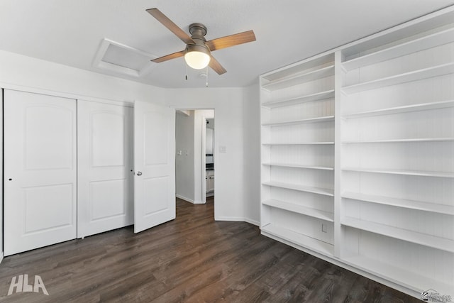 11637 E 27th St, Yuma, AZ 85367 - unfurnished bedroom with ceiling fan, attic access, dark wood finished floors, baseboards, and a closet