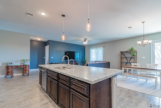 14769 E 47th Ln, Yuma, AZ 85367 - kitchen featuring a sink, light wood-type flooring, ceiling fan, a chandelier, and recessed lighting