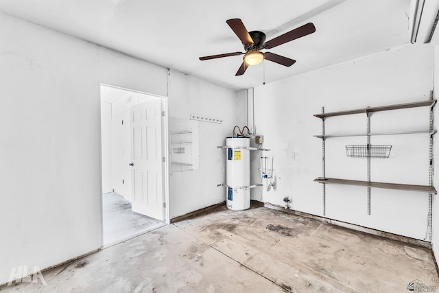1721 S Athens Ave, Yuma, AZ 85364 - garage featuring strapped water heater, a ceiling fan, and a wall mounted air conditioner