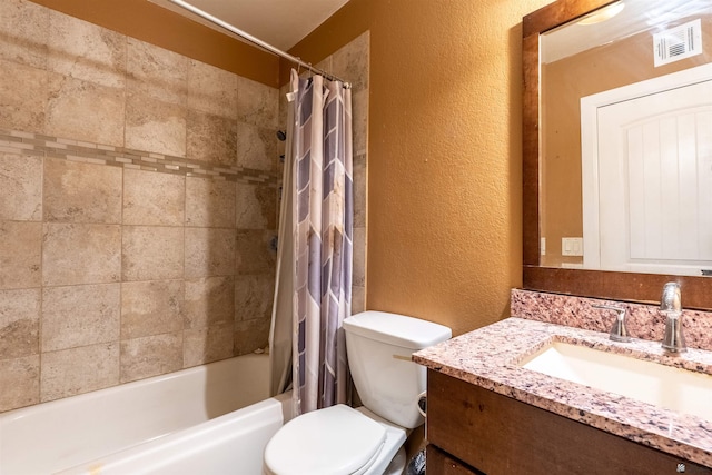2931 W 20th St, Yuma, AZ 85364 - full bathroom with a textured wall, vanity, toilet, and shower / bathtub combination with curtain