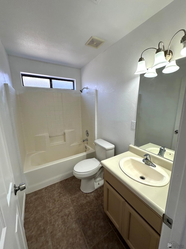 full bath featuring vanity, toilet, visible vents, and bathtub / shower combination