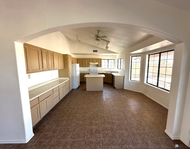 kitchen featuring freestanding refrigerator, ceiling fan, under cabinet range hood, vaulted ceiling, and stainless steel range with electric cooktop