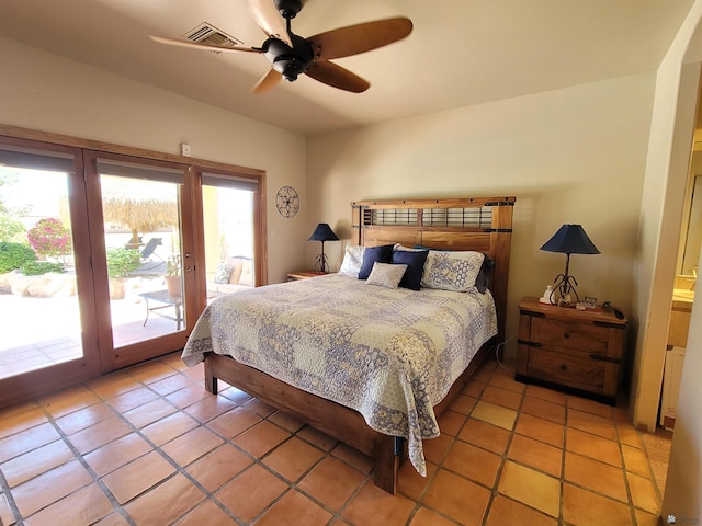 bedroom featuring light tile patterned floors, access to outside, ceiling fan, and visible vents