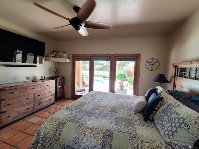 bedroom featuring access to outside, ceiling fan, and light tile patterned floors