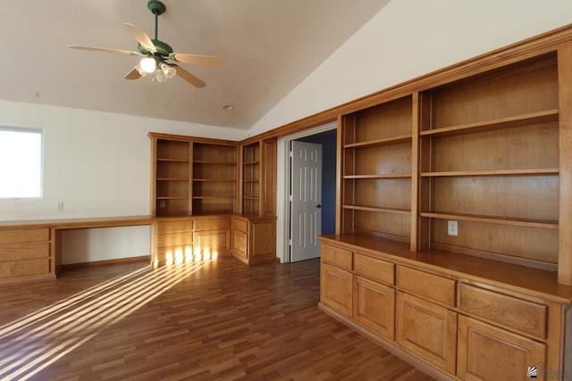 1565 W Vicky Ln, Yuma, AZ 85364 - interior space featuring ceiling fan, vaulted ceiling, built in study area, and dark wood-type flooring