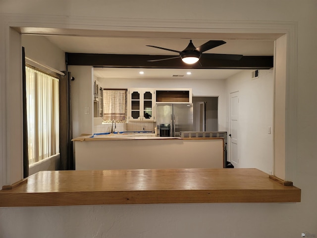 1995 S 10th Ave, Yuma, AZ 85364 - kitchen featuring visible vents, ceiling fan, wooden counters, and stainless steel fridge with ice dispenser