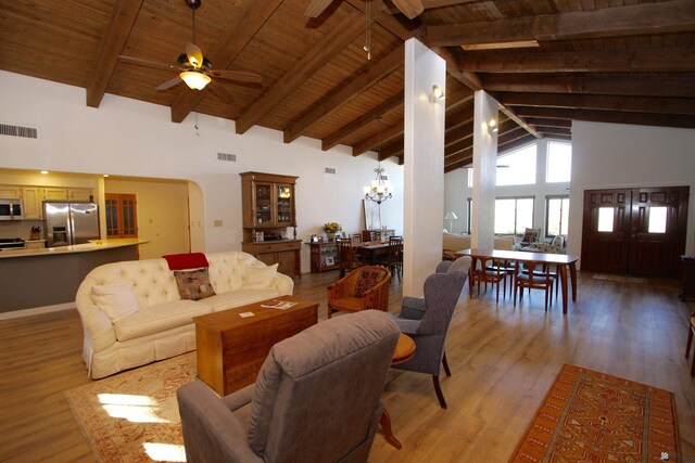 6767 E Mountain View Pl, Yuma, AZ 85365 - living room with visible vents, beamed ceiling, light wood-type flooring, wooden ceiling, and ceiling fan with notable chandelier