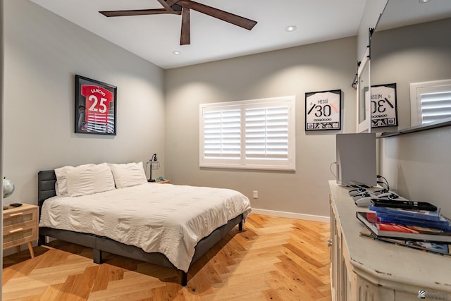 1645 W El Paseo Real, Yuma, AZ 85364 - bedroom featuring a barn door, recessed lighting, and ceiling fan
