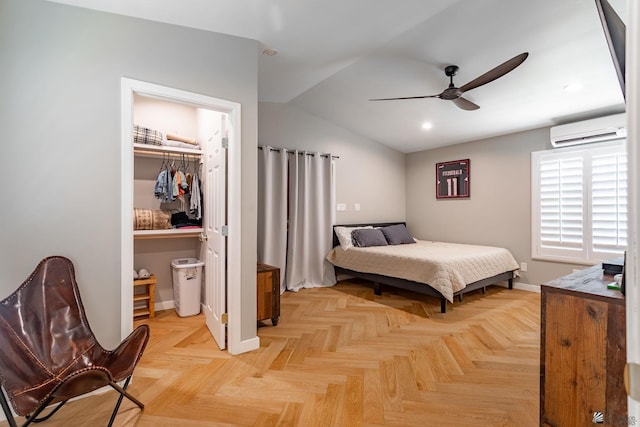 1645 W El Paseo Real, Yuma, AZ 85364 - bedroom featuring a wall mounted air conditioner, a walk in closet, recessed lighting, lofted ceiling, and ceiling fan