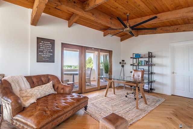 1645 W El Paseo Real, Yuma, AZ 85364 - office area featuring french doors, a ceiling fan, and a wood ceiling with exposed beams